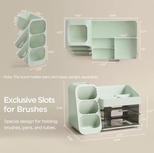 Image of HBlife Makeup Organizer with Brush Holder for Vanity, Large Plastic Bathroom Countertop Organizer Skin Care Storage, Easy to Store Lipsticks, Nail Polishes, Perfumes, Eyeshadow Palettes, Green