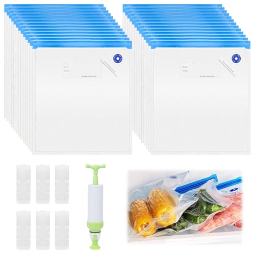 26pcs Vakuumbeutel Lebensmittel Wiederverwendbar, 30x34cm Vakuum Gefrierbeutel, BPA Frei Vakuum Beutel mit Pumpe, Vakuumversiegelte Beutel für Lebensmittelaufbewahrung