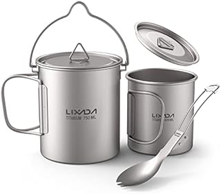 Lixada Titanium Mug, Portable Camping Cookware Cup Set with Foldable Handle for Travel Camping Picnics