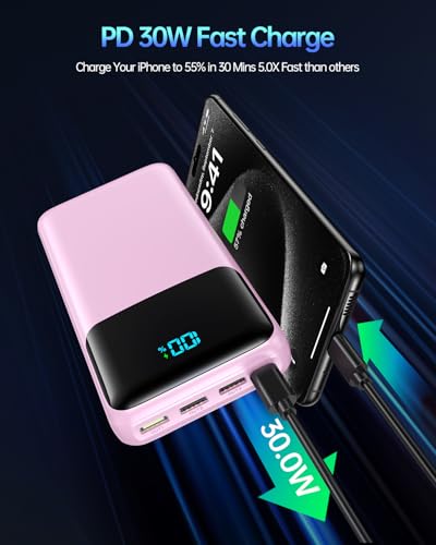 Image of Portable Charger 50000mAh Power Bank, High Capacity External Battery Pack for Camping, USB-C PD 30W Fast Charging Portable Phone Charger for iPhone 17 /16 /15 /14 /13 /12 /11 Samsung Android (Pink)