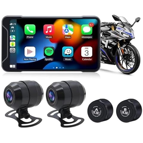 Geloo Motorcycle Dash Camera Support Wireless Apple Carplay & Android Auto, 1080P Lens Motorcycle Dash Cam Front and Rear with TPMS, GPS, WiFi, Wireless 5’’ IPS Touch Screen Motorcycle DVR Cover