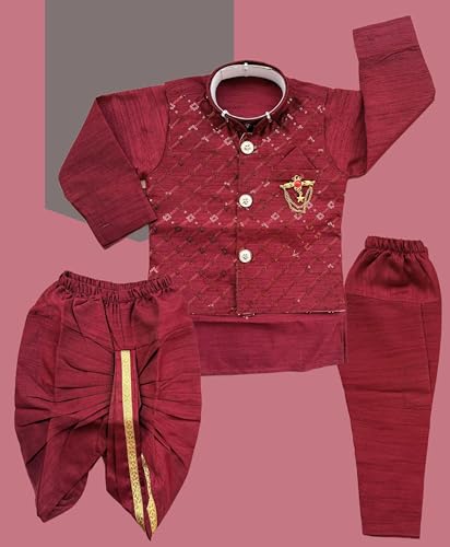 Image of Little Kids Ethnic Wear Kurta Pyjama and Waistcoat Set For Boys | Stylish Ethnic Wear | 3-piece set | Silk and Cotton Blend Fabric