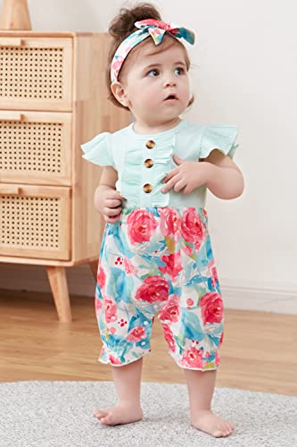 Floral Baby Girl Outfit Funny Short Sleeves Newborn Onesie Pink Flower Print Infant Jumpsuit 3-6 Months Shower Romper With Headband 2Pcs 3M Bodysuit #TOP1
