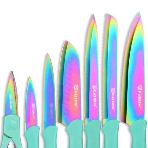KATISUN Knife Set 7-Piece, Vibrant Colors, Japanese Steel Blades, Ergonomic Handles - Long-Lasting and Razor Sharp Kitchen Knife Set