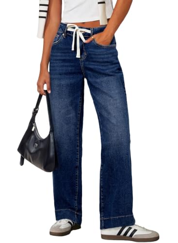 Image of Sidefeel Women's High Waisted Straight Leg Jeans Drawstring Denim Pants