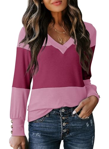Dokotoo Women's Color Block Long Sleeve Tops V Neck Button Cuffs Casual Tunic Shirts for Leggings Pink XXL