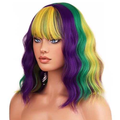 BERON 14 Inches Mardi Gras Costume Wig with Bangs Purple Green and Yellow Wigs Short Wave Wig Colored Wigs with Hairnet