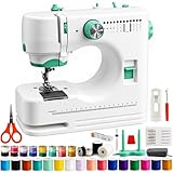 FONCOOD Sewing Machine for Kids Beginners,36Pcs Thread and Needles Set,Portable Electric Sewing Machine, 12 Built-in Stitches,Foot Pedal Control for DIY Crafts, Mending & Home Projects,White& Green
