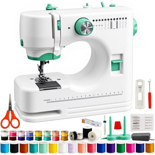 FONCOOD Máquina de coser para niños principiantes, juego de 36 hilos y agujas, máquina de coser eléctrica portátil, 12 puntadas integradas, control de pedal para manualidades, reparación y proyectos
