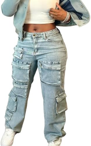 Baczoe Women's Y2K Baggy Cargo Jeans High Waisted Wide Leg Denim Pants