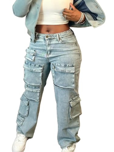 Women's Baggy Cargo Jean High Waisted Y2K Distressed Wide Leg Denim Pants with Multi Pockets Streetwear