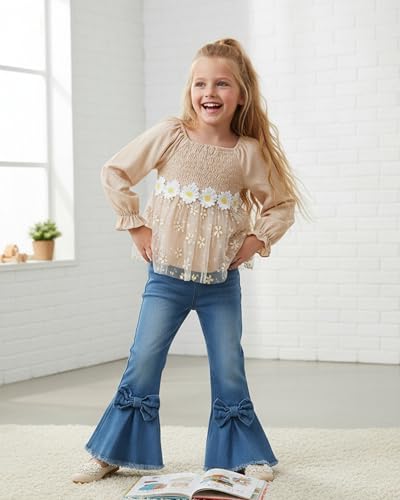 Image of XUANHAO Toddler Girls Clothes Puff Sleeve Smocked Shirt Flare Jeans Pant Outfits for Girl Bell Bottom Kids Girls Clothing Set