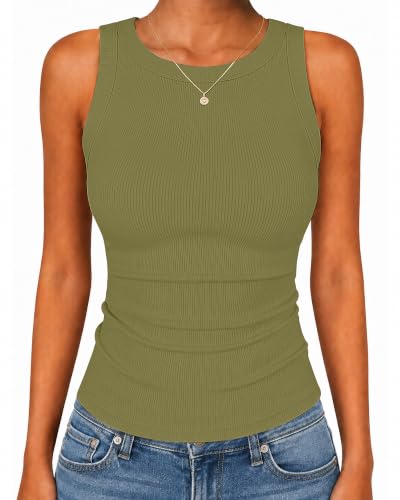 Ribbed Tank Tops High Neck Racerback Slim Fit 17 ribbed tank tops - army green