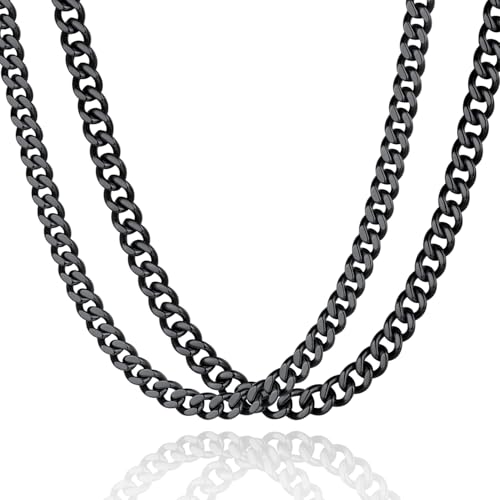 FindChic 2-Pack Cuban Link Chain Necklace Set - 7mm 22 Inches & 9mm 22 Inches Black Jewelry for Men & Women, Gift Box Included
