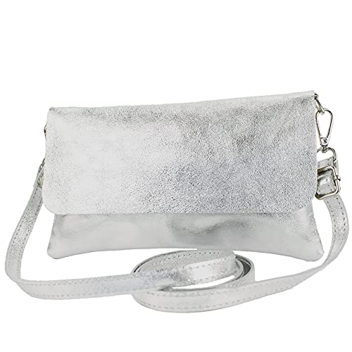 modamoda de T226 Damen Leder Clutch Umhängetasche Abendtasche Small handmade in Italy, Farbe:Silber-Metallic