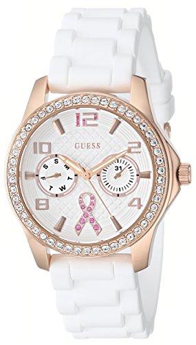 GUESS Women's U0032L3 Rose Gold-Tone Breast Cancer Awareness Watch with White Silicone Strap