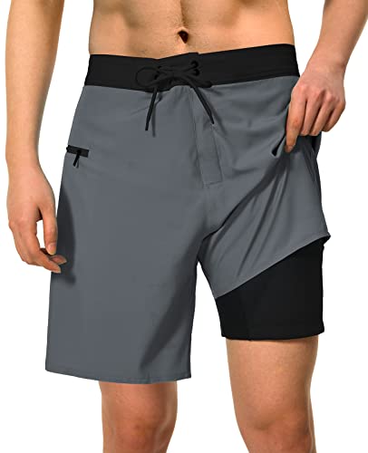 Raisevern Mens Board Shorts With Compression Liner 21" Surfing Swim Trunks Quick Dry Summer Bathing Suit Swimwear Vacation Beach Boardshorts With Side Zipper Pocket Grey #TOP6