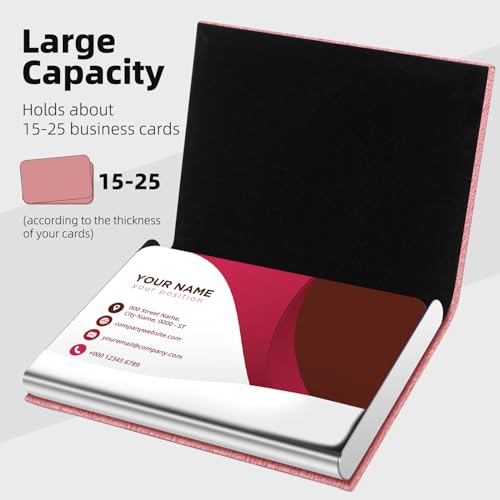 Business Card Holder/Case with Premium PU Leather and Stainless Steel for Men and Women - B-Pink2