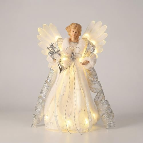 Valery Madelyn Christmas Angel Tree Topper Decorations, Silver and White Angel Tree Top Figurine with Warm LED Lights, Battery Operated for Christmas Tree Decoration, 10Inch/26cm