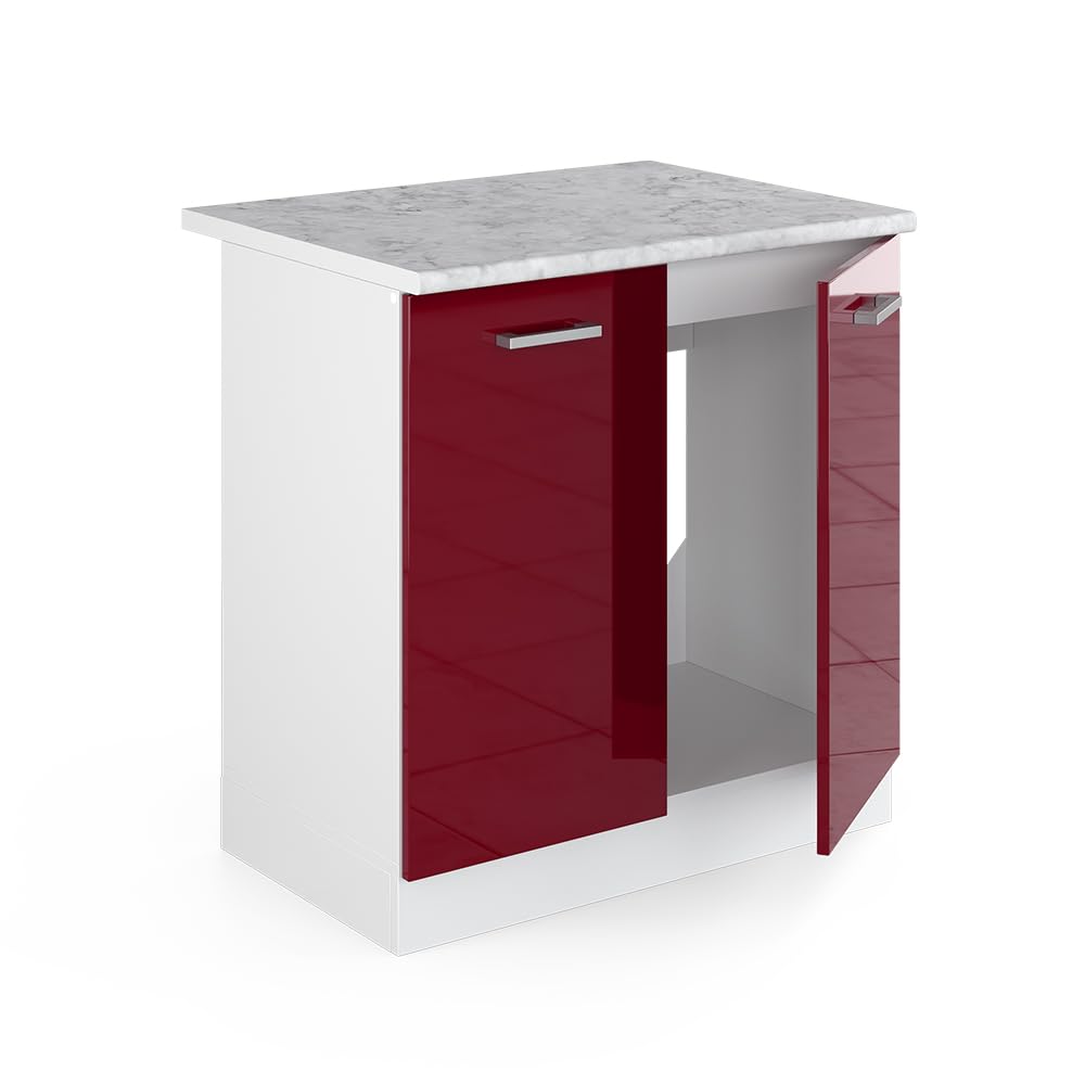 Vicco Spülenunterschrank R-Line, Rot Hochglanz, 80 cm, AP Marmor, zur freien Kombination innerhalb modularer Küchensysteme