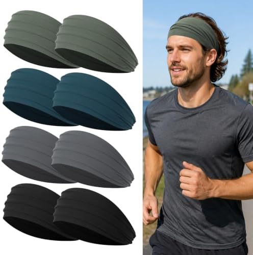 5.5" Wide Men's Sports Headbands for Long Hair, 8 Pieces