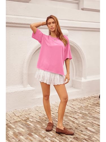 Image of UNCLECAT Womens Oversized T Shirts Summer Trendy Short Sleeve Crew Neck Tops Loose Fit Side Slit Tees Pink