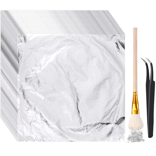 Cunhill 200 Pcs Gold Leaf Sheets for Art Foil Paper Leaf Art Foil Sheets Gilding Brush Thin Paper Craft for Painting Gilding Crafting Decoration 5.5 x 5.5 Inches(Silver)