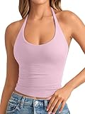 REORIA Women's Tie Halter Tank Tops Basic Scoop Neck Backless Double Lined Going Out Outfits Cute Summer Trendy Sleeveless Shirts Pink