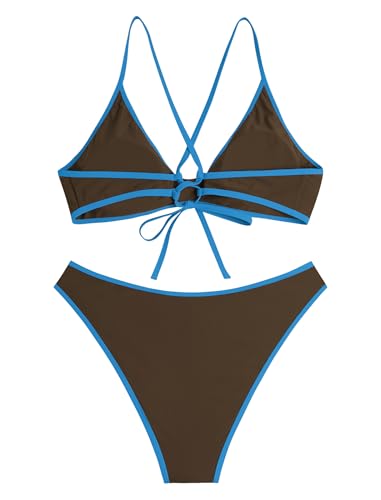 Image of ZAFUL Women's Tie Back Padded High Cut Bralette Bikini Set Two Piece Swimsuit