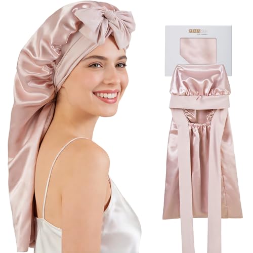 ZIMASILK 19 Momme Mulberry Silk Bonnet for Sleeping Women & Health Care Double Layer Long Hair Wrap for Braids & Curls to Reduce Hair Frizz with Soft Elastic Tie Band (1Pc Pink)