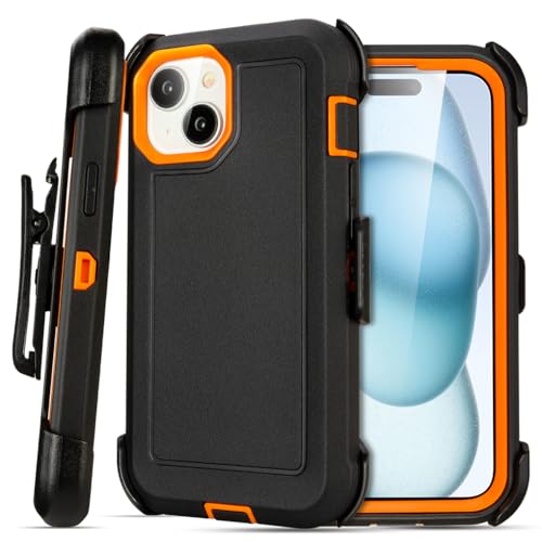 Yowtrey for iPhone 15 Case with Clip Belt Holster Heavy Duty Military Grade Drop Protective Case for iPhone 15 6.1 case (Black+Orange)
