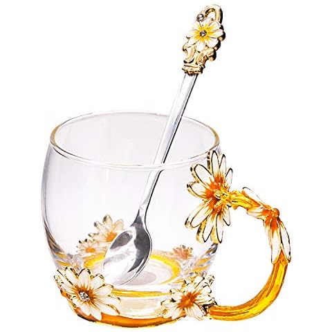 Glass Tea Cup, Mother's Day Gift Handmade Enamel Daisy Flower Coffee Cup Set with Handle, Unique Personalized Birthday Gift Ideas for Women Grandma Mom Female Friend Teachers(Daisy Golden - Short) Cover