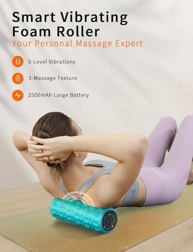 COOBST Vibrating Foam Roller Massager Electric Foam Roller with 5 Vibration Intensities  Rechargeable Battery  Durable EVA Foam & Solid Core  Fitness, Sports, Recovery  with Carry BagBlue)