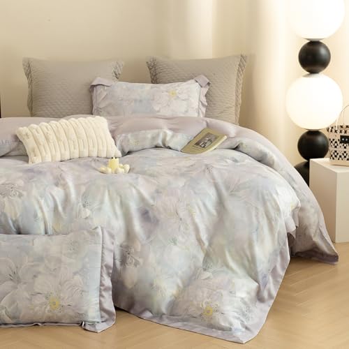 ECOCOTT Bedding 3-Piece Duvet Cover Set King Size – Silky Soft 100% Lyocell, Cooling & Breathable for Hot Sleepers, Misty Bloom Floral Pattern, Moisture-Wicking Luxury