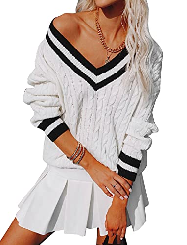 Cowasto Women s Plus Size Fall Fashion Pullover V Neck Contrast Color Off Shoulder Sweater Casual Long Sleeve Knit Jumper Outwear White Large
