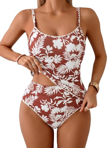 Image of Eomenie Tankini Swimsuit for Women Tummy Control Ruched Two Piece Bathing Suits High Waisted Shell Stitch Swimwear