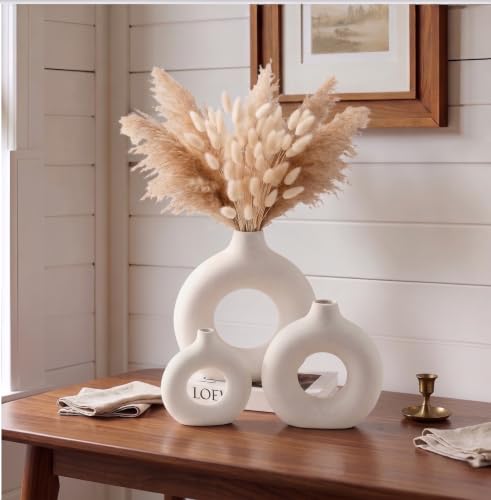 Image of PUREZENTO White Ceramic Donut Vase 4.3, 5.3 & 6.2Inch - Set of 3 | Decorative Donut Vase for Dried Flowers & Pampas Grass | Vases for Modern Home Decor, Living Room, Office Decor