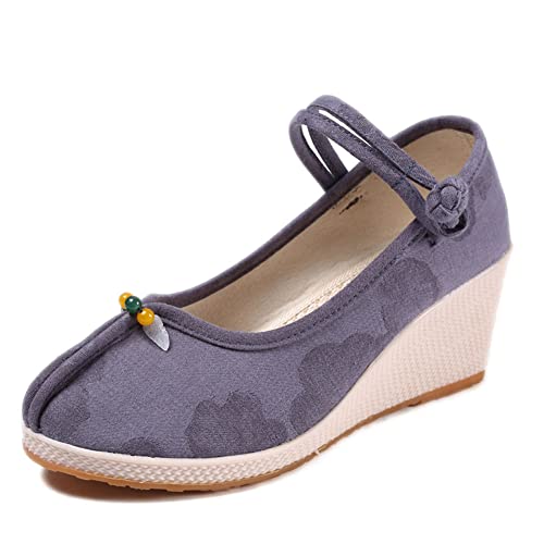 MATERUIEYES Women's Retro Embroidered Wedge Shoes Buckle Height Increased Footwear