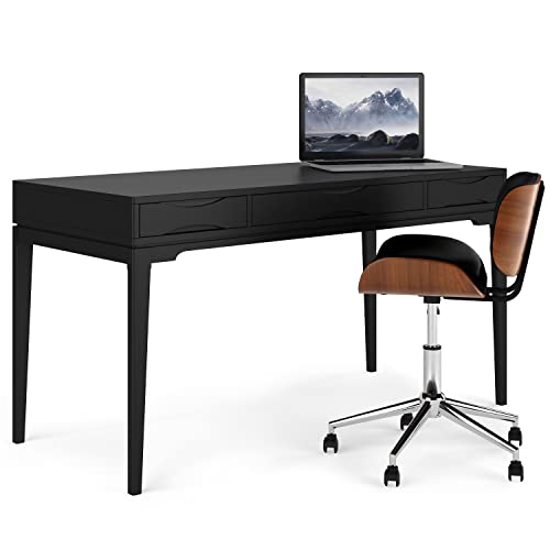 Image of SIMPLIHOME Harper Desk - 60 Inch Wide Solid Wood Writing Desk in Black, Mid-Century Modern Home Office Computer Table for Workspace or Study with 2 Drawers and Flip-Down Keyboard Tray