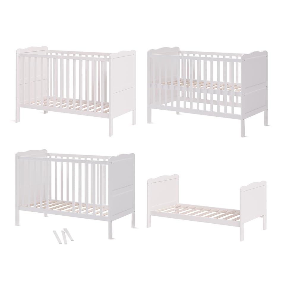VitaliSpa Lit bébé Tobi, Blanc, 60x120 cm | avec sommier à lattes réglable en hauteur et côtés à barreaux amovibles