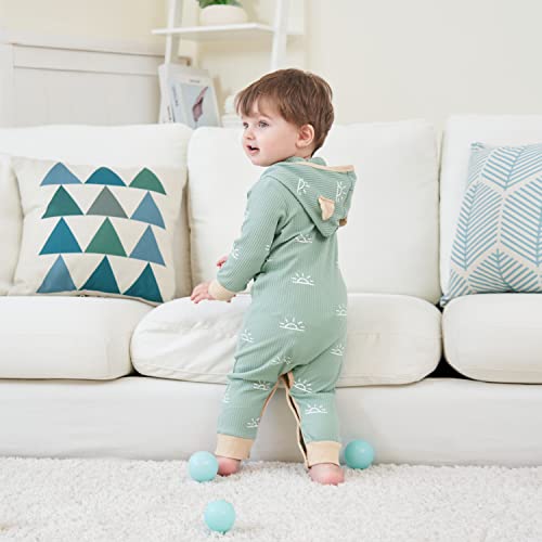 Bafeicao 2 Pack Unisex Baby Boy Girl Hoodie Romper Bear Ear Hooded Rompers Ribbed Solid Long Sleeve One Piece Jumpsuit, Grey+Green, 0-3M #TOP2
