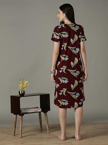 Image of 9shines Label Hosiery Cotton Knee Length Short Night Dress | Short Nighty for Women with Pocket | Graphic Print Nightwear | Night Gown for Women (M-7XL)