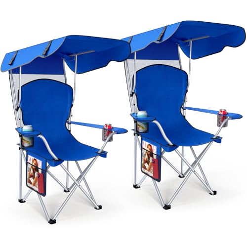 VTOY Portable Camping Chair with Canopy - Folding Chair with Canopy, Durable 600D Oxford Canopy Chair for Camping, Beach, Picnics, Fishing & Sports (2 Pack Blue)