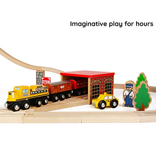 Sainsmart Jr. Wooden Train Set Toy With Rail High Level Part, 50 Pcs Flyover Overpass Wooden Train Playset With 5 Magnetic Train Cars For Toddlers , Yellow #TOP4