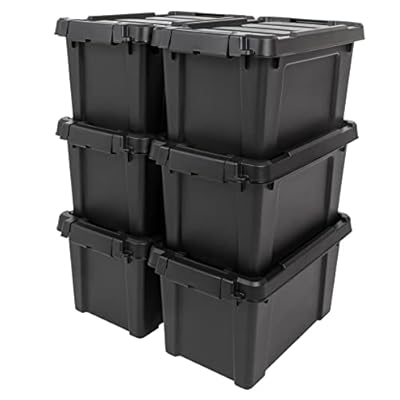 IRIS USA 5 Gallon Lockable Storage Bins with Lids, 6 Pack - Made in USA, Heavy Duty, Stackable Containers, Garage Organizing Bins Moving Tubs, Rugged Sturdy Equipment Utility Box - Black