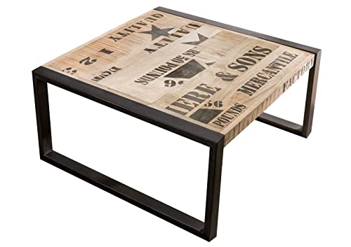 Table Basse Industrielle 80x80cm - Bois Massif de manguier Brut - Fer et Bois imprimé - Factory #110