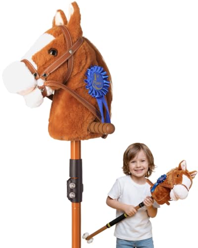 Image of Stick Horse, Hobby Horse on a Stick for Kids Ages 4-12 Adjustable 30-52 inch with Illuminated Silent Wheels Comfortable Sponge Wrapped complimentary AA Batteries Realistic Horse neighs.