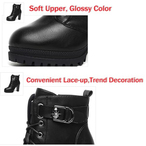 Women's Platform Block High Heel Ankle Boots with Leather Buckle,Autumn Winter Warm Lining Fashion Round-Toe Lace-Up Side Zipper Chunky High Heels Gothic Booties3
