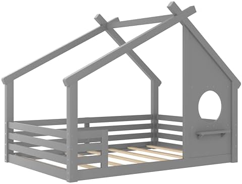 Bellemave Full House Floor Bed with Rail for Kids, Wood Montessori Floor beds with Window and a Small Shelf for Kids, Gray
