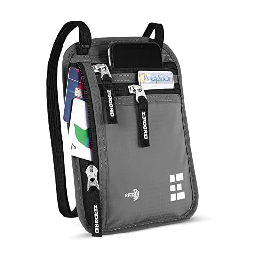 Zero Grid Travel Neck Wallet with RFID Blocking - Light Grey, Unisex, Nylon, Slim Design, Easy to Conceal, Holds Passports, Phones, Cards, Keys, Cash, Tickets
